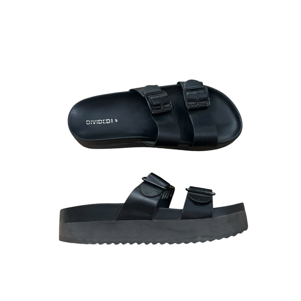 Divided neutral black chunky platform normcore buckle slip on sandals size 40